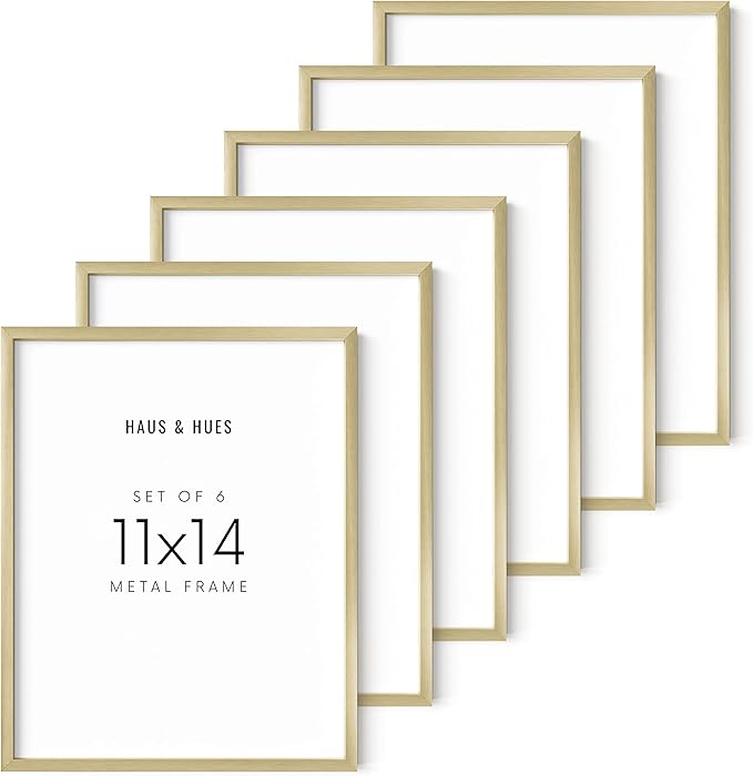 HAUS AND HUES 11x14 Gold Picture Frames - Modern Aluminum Wall Display - Lightweight Frames for Certificates, Posters, Prints - Ready-to-Hang Vertically & Horizontally (Set of 6)