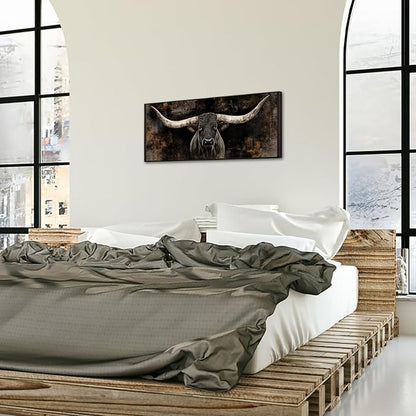 KREATIVE ARTS Large Longhorn Cow Canvas Wall Art with Floater Frame Black White Bull Head Western Cattle Picture Rustic Farmhouse Animal Print for Man Cave Barn Wall Decor 20x48 Inches