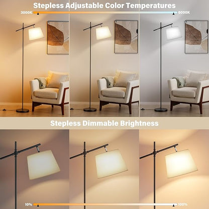 SIBRILLE Floor Lamp with Linen Shade, Dimmable Tall Standing Lamp with Remote Control & 3 Color Temperatures Bulb, Modern Swing Arm Floor Lamps for Living Room Bedroom Office Corner