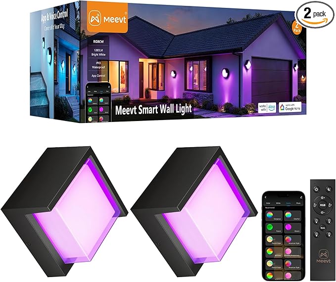 Meevt Smart Outdoor Wall Lights, 1200LM RGBCW Porch Lights, IP65 Waterproof Exterior Wall Sconce, Work with Alexa & Google Assistant, App & Remote Control Wall Lights for Patio, Garage, Square, 2 Pack