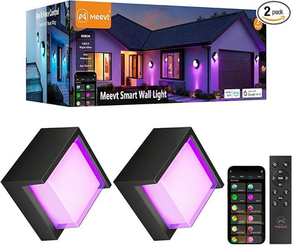Meevt Smart Outdoor Wall Lights, 1200LM RGBCW Porch Lights, IP65 Waterproof Exterior Wall Sconce, Work with Alexa & Google Assistant, App & Remote Control Wall Lights for Patio, Garage, Square, 2 Pack