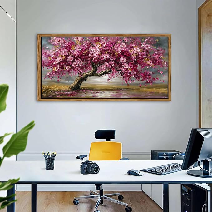 Large Tree of Life Wall Art Vintage Pink Flower Framed Wall Decor for Living Room Abstract Landscape Painting Canvas Prints Retro Nature Texture Picture Bedroom Kitchen Corridor Home Decoration 35x70