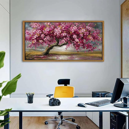 Large Tree of Life Wall Art Vintage Pink Flower Framed Wall Decor for Living Room Abstract Landscape Painting Canvas Prints Retro Nature Texture Picture Bedroom Kitchen Corridor Home Decoration 35x70