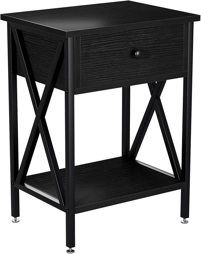 VECELO Nightstand,Modern Bedside End Table, Night Stand with Drawer and Storage Shelf for Living Room Bedroom, Industrial Metal Frame