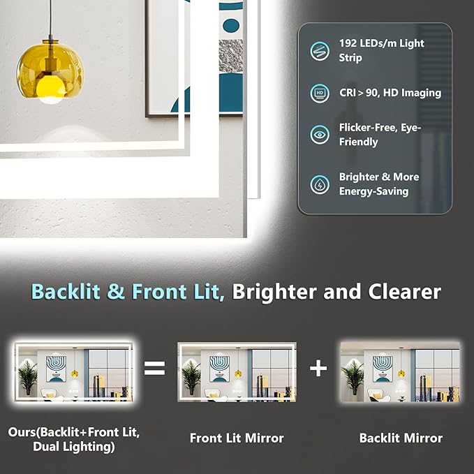 72x36 LED Bathroom Mirror with Lights, Backlit and Front Lit Anti-Fog Lighted Vanity Mirrors for Bathroom Wall, Dimmable, 3-Color Light, Memory, Shatter-Proof, HD Tempered Glass, CRI＞90