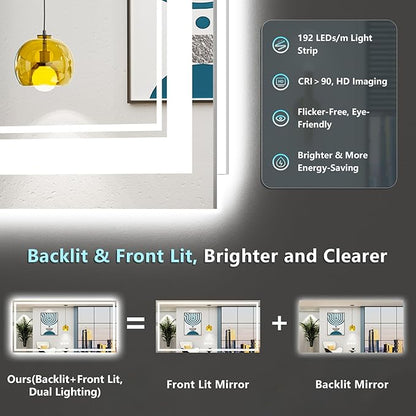 72x36 LED Bathroom Mirror with Lights, Backlit and Front Lit Anti-Fog Lighted Vanity Mirrors for Bathroom Wall, Dimmable, 3-Color Light, Memory, Shatter-Proof, HD Tempered Glass, CRI＞90