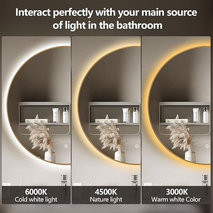 Niccy 28" LED Backlit Round Mirror for Bathroom, Gold Framed Vanity Light Wall Mirror, LED Smart Circle Mirrors with 3 Lighting Colors, Round Lighted Mirror with Anti-Fog, IP65 Waterproof