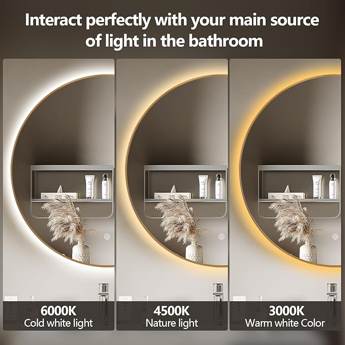 Niccy 44" LED Backlit Round Mirror for Bathroom, Gold Framed Vanity Light Wall Mirror, LED Smart Circle Mirrors with 3 Lighting Colors, Round Lighted Mirror with Anti-Fog, IP65 Waterproof