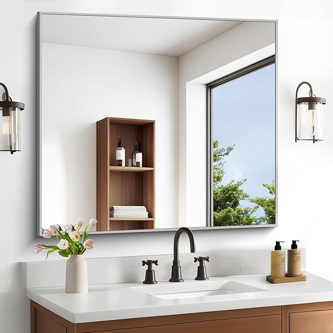 DESBING 36" x 40"Bathroom Mirror, Silver Rectangle Corner Wall Mirror with Metal Frame, Decorative Rectangular Vanity Mirror for Bedroom Bathroom Living Room Entryway (Horizontal/Vertical)