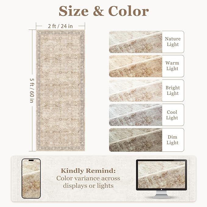 Vintage Neutral 2x5 Rug Runners for Hallways, Non Slip Machine Washable Kitchen Runner, Low Pile Lightweight Carpet Runner for Entryway/Bathroom/Corridor/Laundry Room, Earth Tone Beige Taupe