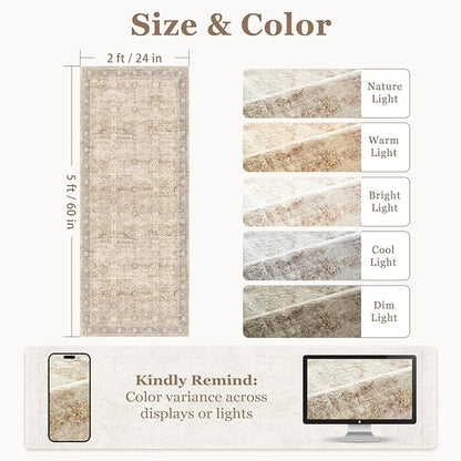 Vintage Neutral 2x5 Rug Runners for Hallways, Non Slip Machine Washable Kitchen Runner, Low Pile Lightweight Carpet Runner for Entryway/Bathroom/Corridor/Laundry Room, Earth Tone Beige Taupe