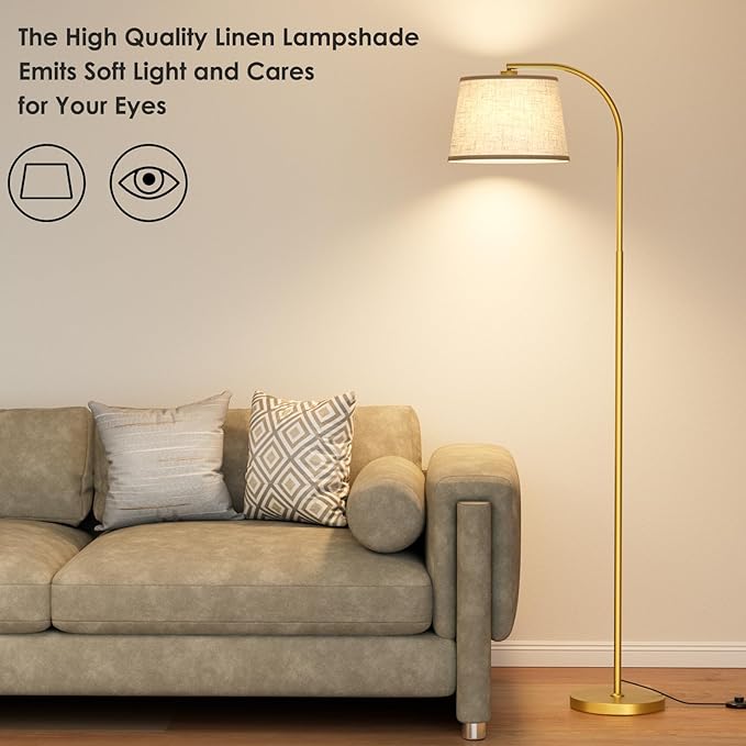 Karjoefar Arc Floor Lamp,64" Standing Lamp with Stepless Dimmable & 3 Colors Temperature,Adjustable Linen Shade and Remote, Glod Arc Floor Lamps for Living Room(with 9W Bulb)