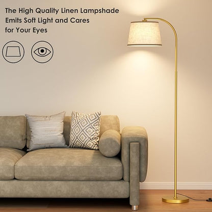 Karjoefar Arc Floor Lamp,64" Standing Lamp with Stepless Dimmable & 3 Colors Temperature,Adjustable Linen Shade and Remote, Glod Arc Floor Lamps for Living Room(with 9W Bulb)