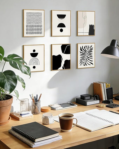KUVIOKE Black Abstract Framed Wall Art Boho Room Decor Set of 6 Minimalist Geometric Line Art Bohemian Mid Century Modern Prints for Bedroom Living Room 8x10in (Natural Framed)