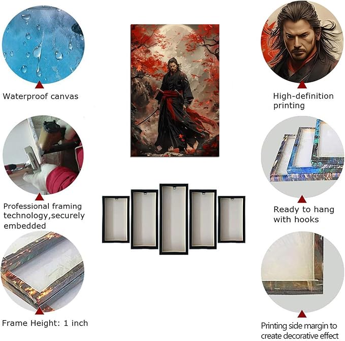 Oriental Samurai Wall Art Black and Red Warrior Wall Decor Canvas Prints Warrior Figure Pictures Bushido Posters Artwork Framed for Living Room Bathroom Bedroom Office (28''W x 44''H)