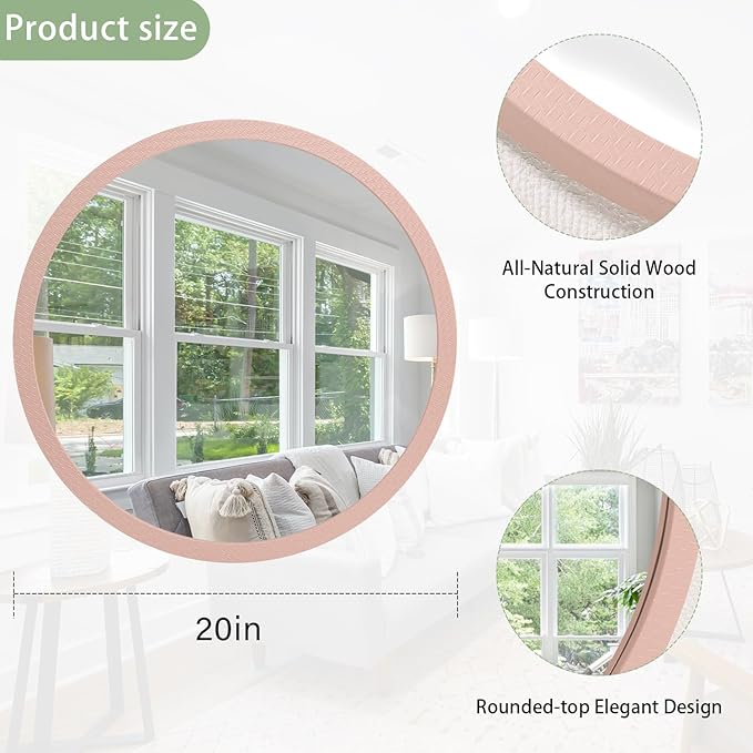 JJUUYOU Round Wall Mirror Circle Mirror Vintage Wood Frame Mounted Mirrors for Wall Bathroom Living Room Bedroom Dormitory Washroom Mirrors,Pink