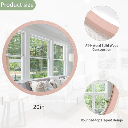JJUUYOU Round Wall Mirror Circle Mirror Vintage Wood Frame Mounted Mirrors for Wall Bathroom Living Room Bedroom Dormitory Washroom Mirrors,Pink