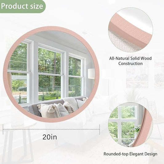 JJUUYOU Round Wall Mirror Circle Mirror Vintage Wood Frame Mounted Mirrors for Wall Bathroom Living Room Bedroom Dormitory Washroom Mirrors,Pink