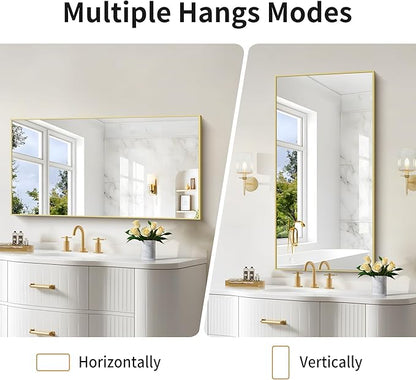 COFENY 48x24In Gold Bathroom Mirror for Wall, Brushed Gold Rectangle Mirrors with Metal Frame, Bathroom Rectangular Mirror Modern Wall Mirror for Bedroom Living Room, Hangs Horizontal or Vertical