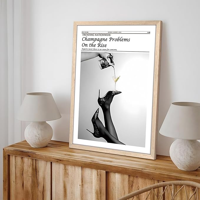 Framed Newspaper Wall Art, Champagne Problems Poster Black and White Vintage Aesthetic Canvas Print Picture, Fashion Glam High Heels Cocktail Glass Wall Decor for Bar Apartment Girls Room 12x16 inch