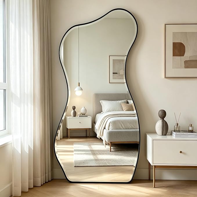 POZINO Irregular Beveled Mirror, 63"x32" Large Asymmetrical Wall Mirror with Metal Frame, Premium Organic Aesthetic Floor Mirrors for Living Room Cloakroom Hallway Entryway, Leaning/Wall-Mount