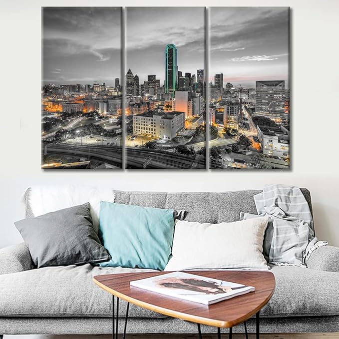 TUMOVO 3 Panel Dallas Texas USA Skyscrapers Landscape Artwork Canvas Wall Art Beautiful City Skyline Posters and Prints Bathroom Decor Wall Art Print on Canvas Framed Ready to Hang (36" Wx24 H)