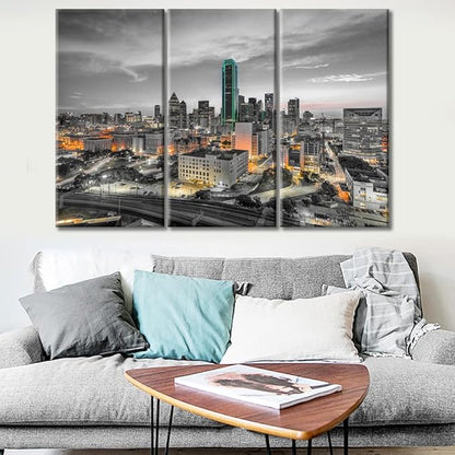 TUMOVO 3 Panel Dallas Texas USA Skyscrapers Landscape Artwork Canvas Wall Art Beautiful City Skyline Posters and Prints Bathroom Decor Wall Art Print on Canvas Framed Ready to Hang (36" Wx24 H)