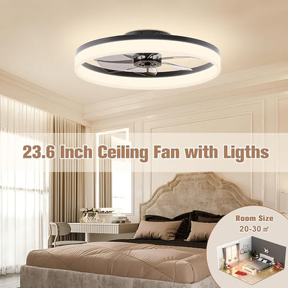 VOLISUN Low Profile Ceiling Fan with Light and Remote, 23.6in Flush Mount, Dimmable LED Fan Light, Bladeless for Bedroom (Black)