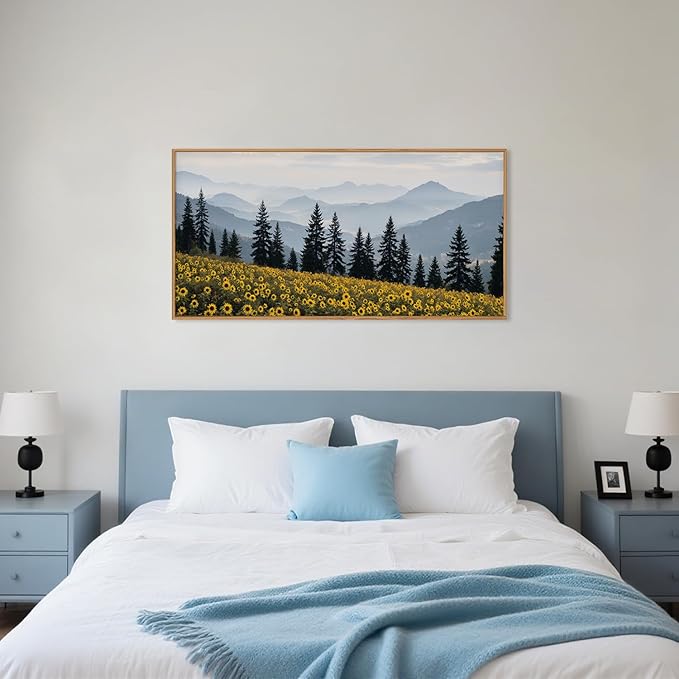 HPNIUB Mountain Sunflowers Landscape Framed Wall Art Set Nature Pine Tree Wall Decor,Boho Misty Forest Art Print Rustic Wildflower Painting Artwork for Living Room, Bedroom,Office-20''x40''