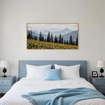 HPNIUB Mountain Sunflowers Landscape Framed Wall Art Set Nature Pine Tree Wall Decor,Boho Misty Forest Art Print Rustic Wildflower Painting Artwork for Living Room, Bedroom,Office-20''x40''