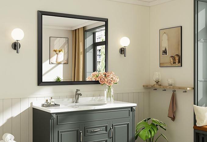 Briivue 40x36 Inch Black Bathroom Mirror for Wall, Thick Metal Framed Rectangle Mirrors for Over Sink, Bedroom, Living Room, Entryway, Anti-Rust, HD Tempered Glass