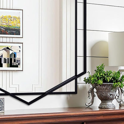 Black Decorative Mirror for Wall Decor, 32"x47" Modern Large Living Room Mirror with Hexagon and Rectangular Metal Frame for Bathroom, Entrance, Bedroom, Dining Room
