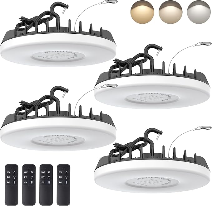 LED Shop Lights 150W - 18000LM UFO LED High Bay Light with 3 CCT Adjustable, 10%-100% Dimmable Remote Control IP65 Waterproof Garage Lighting for Workshop, 4 Packs