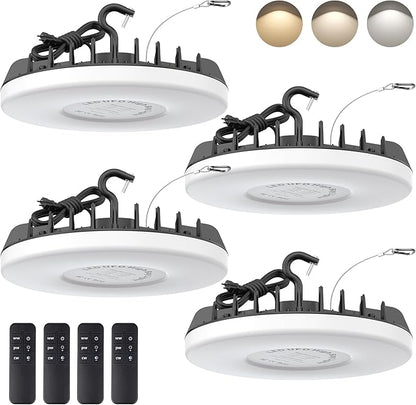 LED Shop Lights 150W - 18000LM UFO LED High Bay Light with 3 CCT Adjustable, 10%-100% Dimmable Remote Control IP65 Waterproof Garage Lighting for Workshop, 4 Packs