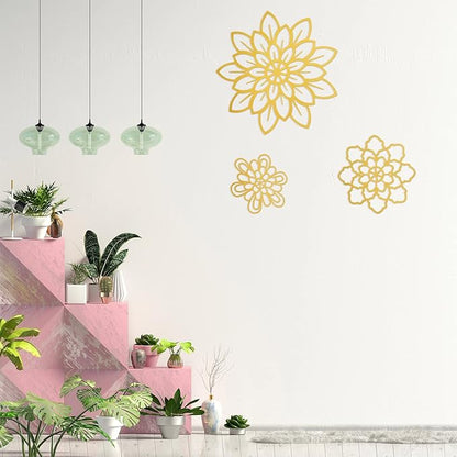 Moxweyeni 3 Pieces Metal Flowers Wall Decoration, Metal Rustic Wall Art Farmhouse Multiple Floral Hanging Decoration for Bathroom Living Room Kitchen Garden Office(Gold)