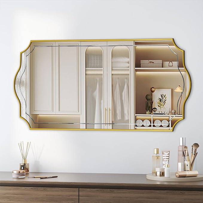 POZINO Gold Scalloped Mirror, 24"x47" Large Rectangle Aesthetic Wall Mirror with Wood Frame, Modern Elegant Wavy Mirrors for Living Room Bedroom Hallway Entryway, Horizontal or Vertical Hanging