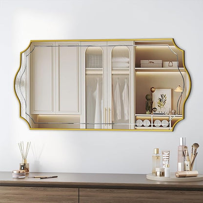 POZINO Gold Scalloped Mirror, 24"x47" Large Rectangle Aesthetic Wall Mirror with Wood Frame, Modern Elegant Wavy Mirrors for Living Room Bedroom Hallway Entryway, Horizontal or Vertical Hanging