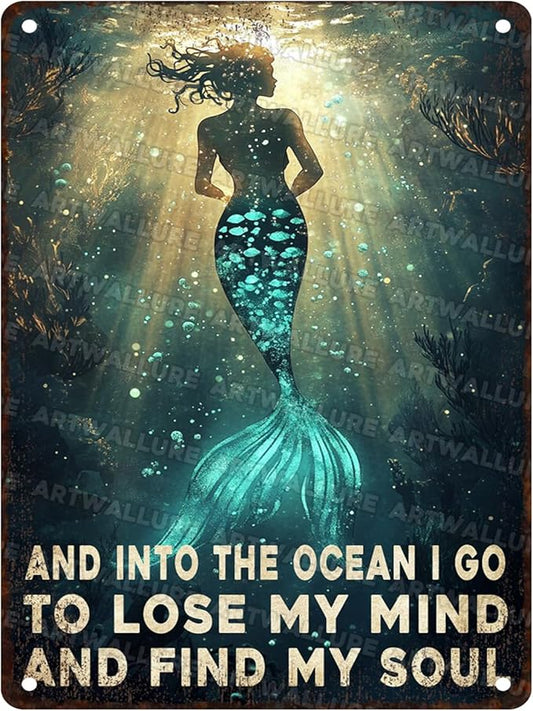 Retro Ocean Metal Plaque Rustic Wall Decor Into The Ocean I Go To Lose My Mind Coastal Art Beach Bar Sign Gift for Saltwater Soul Collectors 12x16inch
