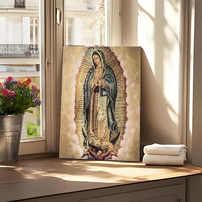 Our Lady of Guadalupe Portrait Wall Art Canvas Painting Picture Wall Decor Religion Catholic Poster Print Artwork for Altar Bedroom 24x36 in