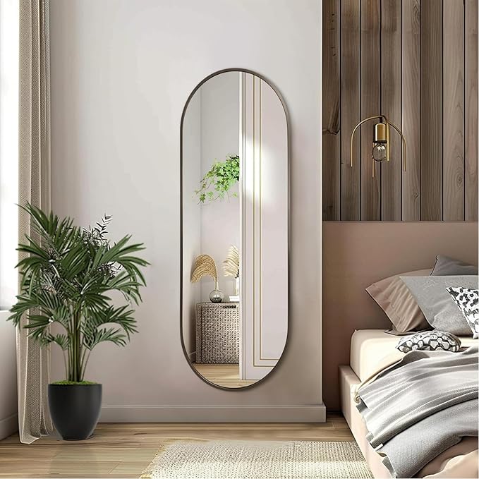 Oval Bathroom Full Length Mirror, Large 48x16'' Pill Shaped Oblong Vanity Wall Mirror, Metal Framed Aluminum Frame Decor Mirror for Living Room Vanity Bedroom Entryway Coffee