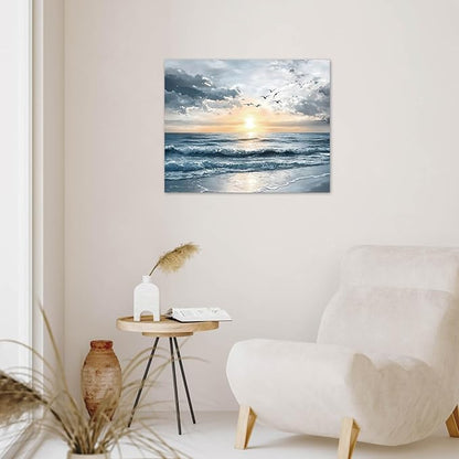LB Ocean Sunset Coastal Wall Art Seagull Beach Landscape Canvas Wall Art Nature Seascape Pictures Wall Decor for Bedroom Bathroom Living Room Framed Artwork Ready to Hang 12L x 12W