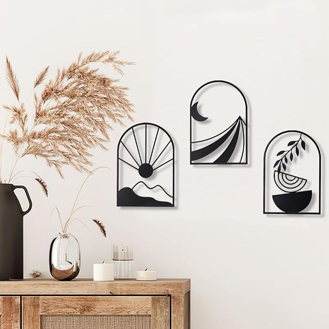 OYEFLY 3 PCS Boho Black Metal Wall Decor,Black Boho Metal Wall Art