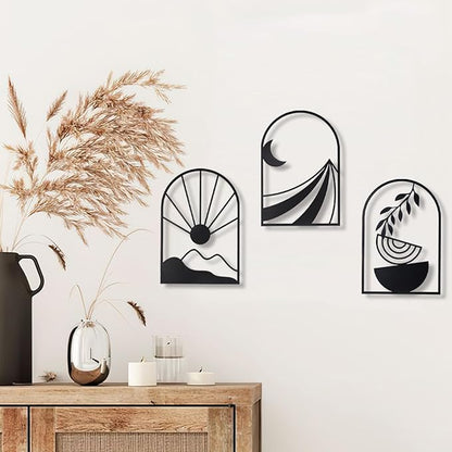 OYEFLY 3 PCS Boho Black Metal Wall Decor,Black Boho Metal Wall Art