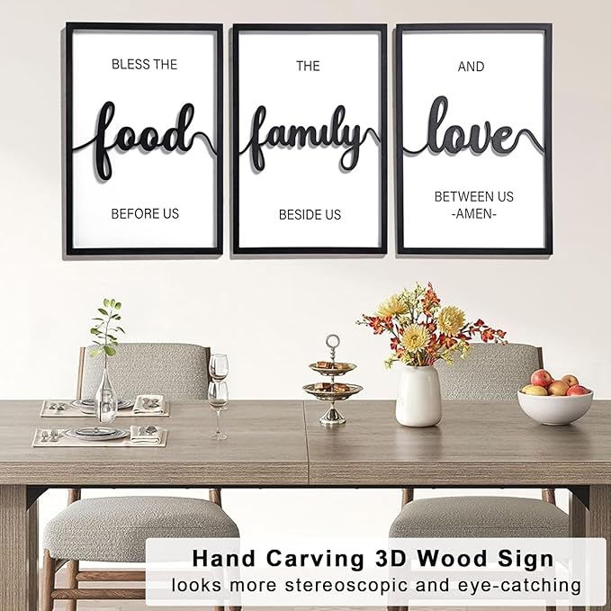 KIOSSUT 3D Wood Bless The Food Before Us Wall Decor, 48" x 24" Framed Kitchen Wall Art for Dining Room Wall Decor(Ready to Hang, 16x24 inches, Set of 3, Framed)