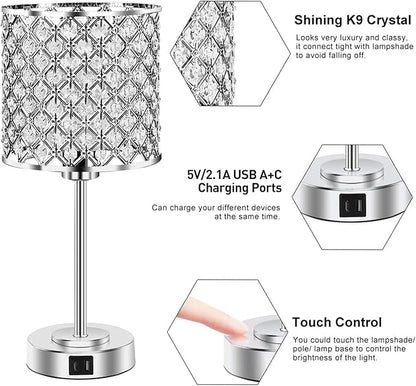 GyroVu Crystal Table Lamp for Bedroom Living Room, Touch Control Bedside Lamp with USB C+A Ports - Dimmable Nightstand Lamp Modern Light, Bulb Included