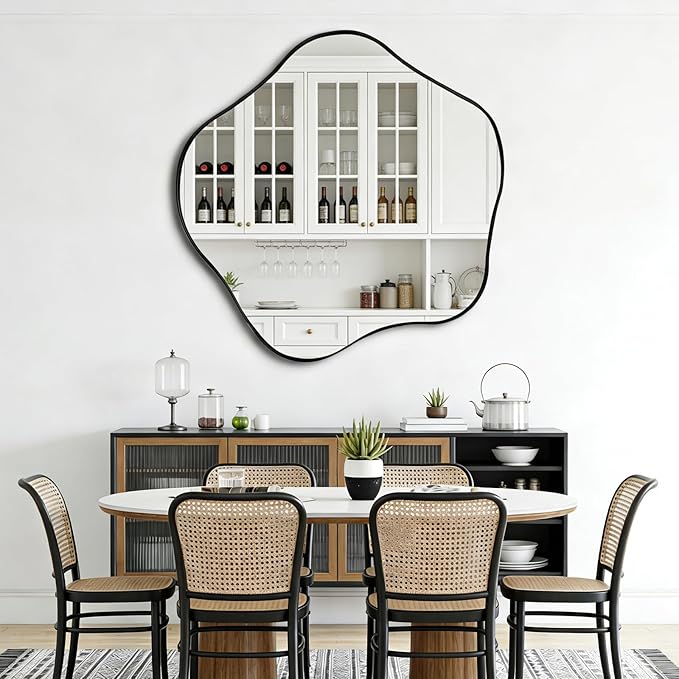 Large Scalloped Mirror, 35" Irregular Shaped Mirror, Asymmetrical Wall Mirrors Decorative, Modern Wavy Round Mirrors for Living Room Bathroom Bedroom Hallway Entryway Fireplace
