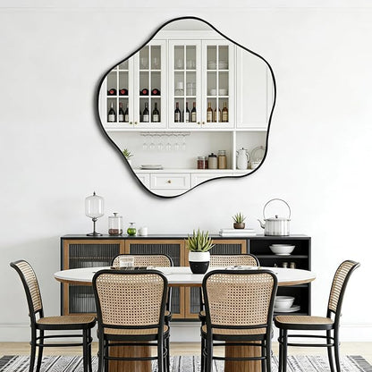 Large Scalloped Mirror, 35" Irregular Shaped Mirror, Asymmetrical Wall Mirrors Decorative, Modern Wavy Round Mirrors for Living Room Bathroom Bedroom Hallway Entryway Fireplace