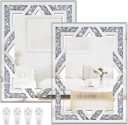 2 Piece Rectangular Hollow Crushed Diamond Decorative Mirror, Silver Crushed Diamond Mirror Decor Wall for Living Room Bedroom Bathroom (11”x15”)