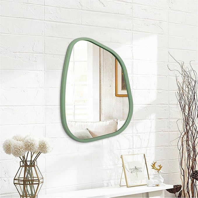 Asymmetrical Mirror for Wall Irregular Accent Wood Frame Modern Unique Wall Mirror Decorative Vanity Bathroom Living Room Bedroom Entryway Hallway Artistic Wavy Mirror Small 16"x12"