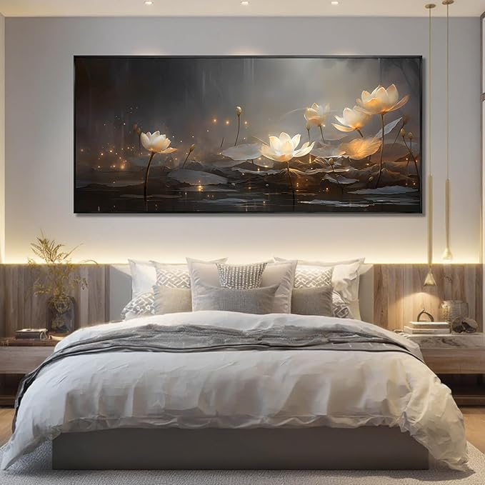 Floral Wall Decor Vintage Canvas Wall Art Lotus Picture Prints 32"x70" Artwork for Bedroom Oversized Framed Pictures for Office